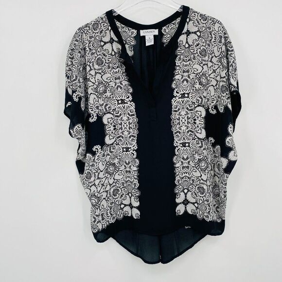 Carmen Marc Valvo Size Medium Black & White Printed V Neck Kimono Style Blouse - Picture 1 of 9
